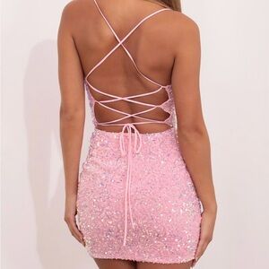 pink mini dress- cowl neck sequin, lace up back. Size small
